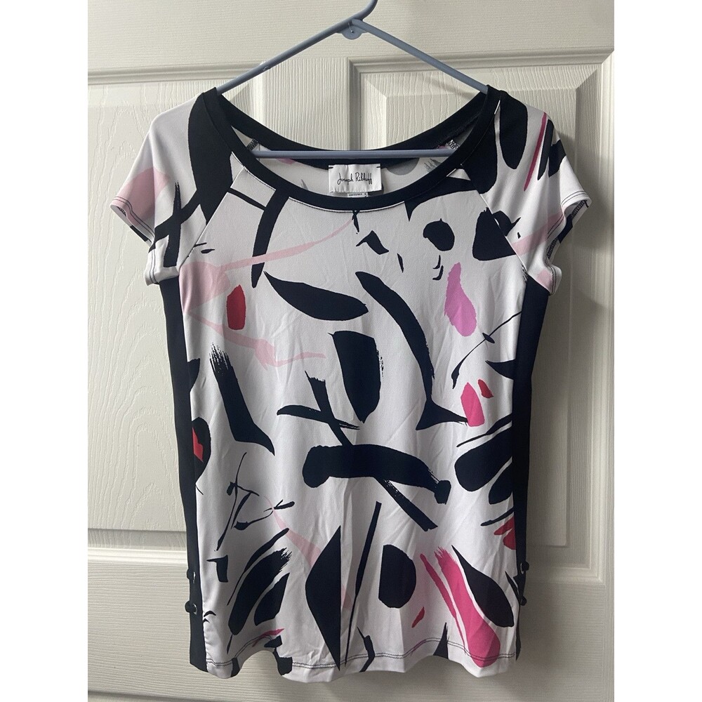 Joseph Ribkoff Cap Sleeve knit top Womens Size 6 White Pink Black Stretch Career